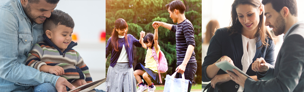 Three images side by side, from left - father reading to son, mother and father holding daughter up while she swings, man and woman conversing over document